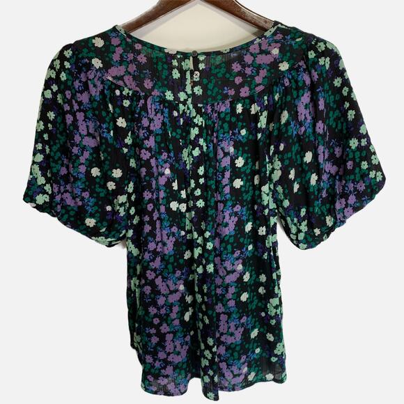 Loft Ann Taylor Floral Shirred Yoke Top Black Green size Small office work - Picture 5 of 16